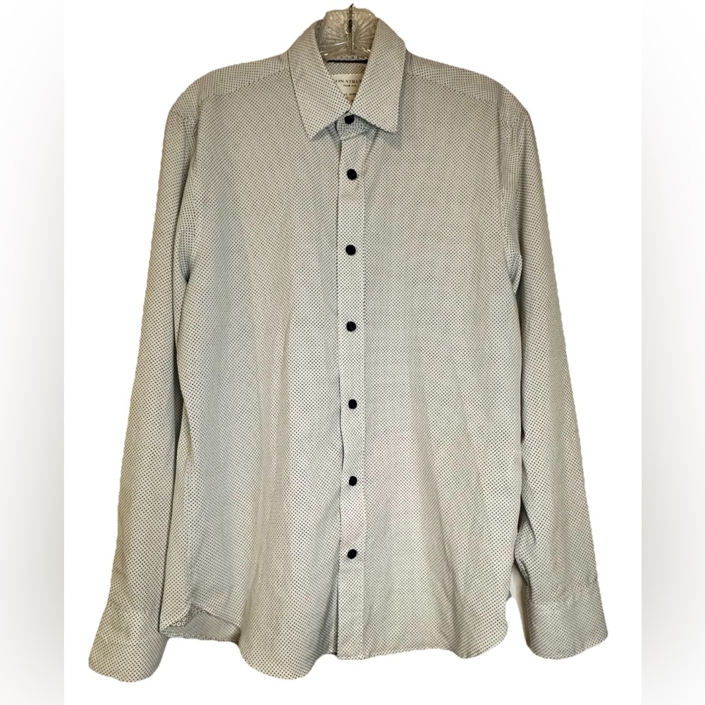 CON.STRUCT Shirt Mens White W/ Black‎ Polka Dots Slim Fit Stretch Long Sleeve Sm